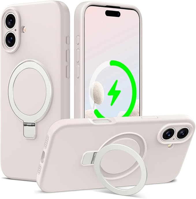 ZHK Liquid Silicone Designed for iPhone 16 Plus Case with Magnet Stand, [Precise Camera Lens Protection][Mil-Grade Drop Shockproof][Soft Anti-Scratch Microfiber Lining] Slim Fit Cover, Beige