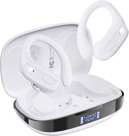 Wireless Earbuds, Sports Bluetooth 5.4 Headphones, Ear Buds with ENC Noise Canceling Mic, 80Hr Playtime Earphones, Palm-Sized, LED Power Display, IPX7 Waterproof Headset for Workout Running, White