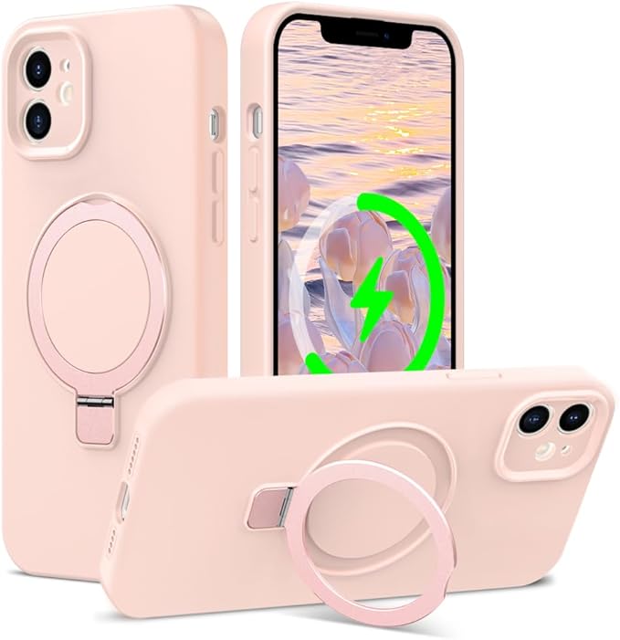 ZHK Liquid Silicone Designed for iPhone 12 Case with Magnet Stand, [Precise Camera Lens Protection][Mil-Grade Drop Shockproof][Soft Anti-Scratch Microfiber Lining] Slim Fit Cover, Pink