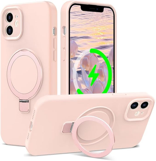 ZHK Liquid Silicone Designed for iPhone 12 Case with Magnet Stand, [Precise Camera Lens Protection][Mil-Grade Drop Shockproof][Soft Anti-Scratch Microfiber Lining] Slim Fit Cover, Pink