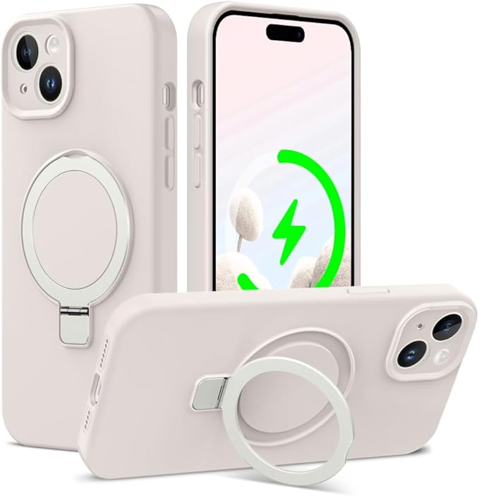 ZHK Liquid Silicone Designed for iPhone 14 Plus Case with Magnet Stand, [Precise Camera Lens Protection][Mil-Grade Drop Shockproof][Soft Anti-Scratch Microfiber Lining] Slim Fit Cover, Beige