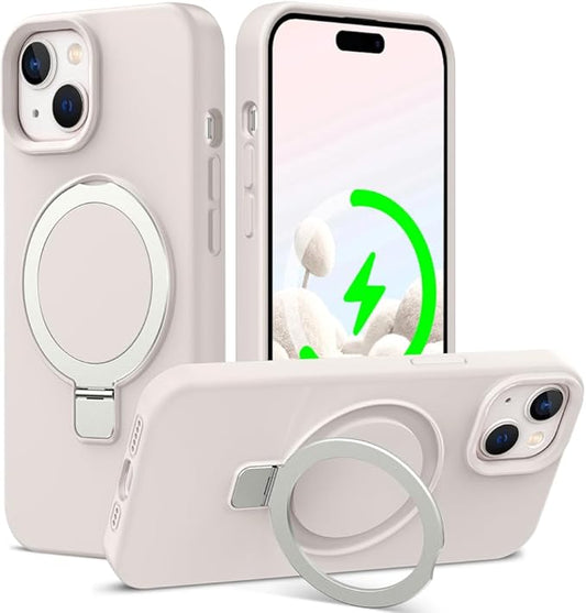 ZHK Liquid Silicone Designed for iPhone 15 Case with Magnet Stand, [Mil-Grade Drop Shockproof][Soft Anti-Scratch Microfiber Lining] Slim Fit Cover, Beige