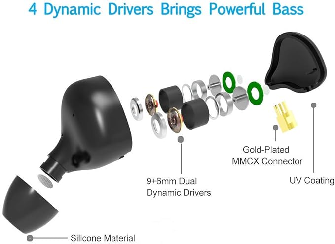 in Ear Monitor Headphones, HiFi Stereo IEM Earphones, Dynamic Dual Driver Wired Earbuds with Detachable Cable, Noise Canceling Headset for Singers Musicians Drummers Audiophile (Black)