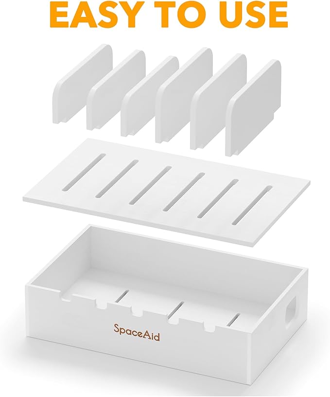SpaceAid Bamboo Charging Station for Multiple Devices, Cell Phone Docking Stations for Multi Laptop, Tablets and iPads, Nightstand Bedside Desk Device Charger Organizer (White)