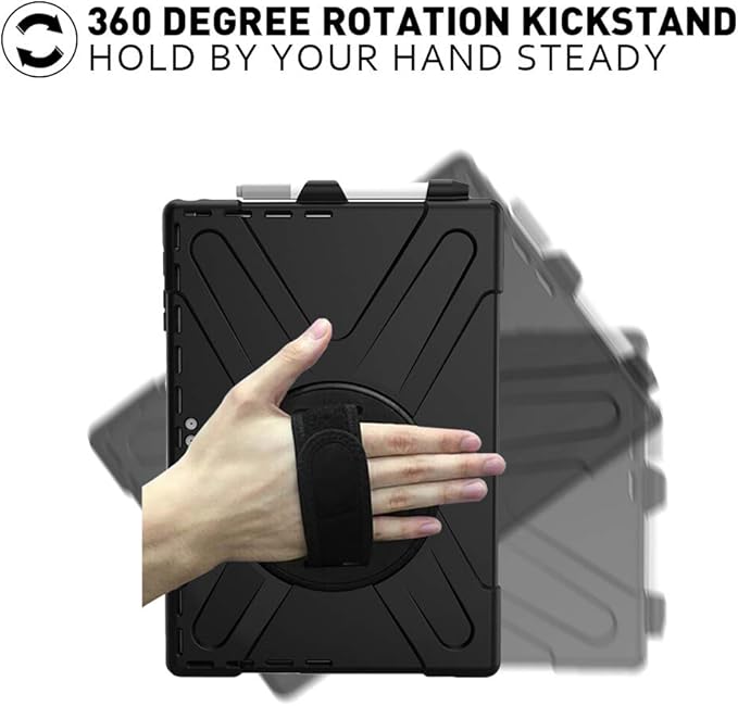 ZenRich Case for Surface Pro 7 Plus/ 7/6/ 5/4/ LTE with Pencil Holder, 360 Rotatable Stand, Hand Strap and Shoulder Belt - Heavy Duty Shockproof Full Body Protection Case - Black