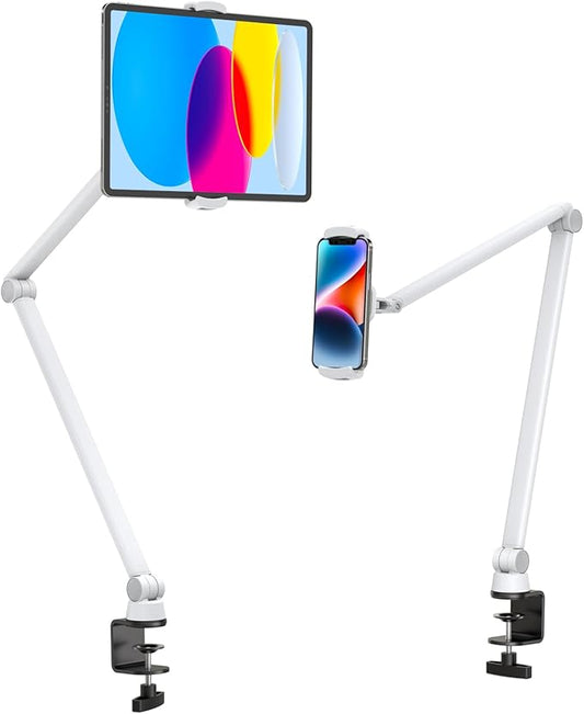 BEWISER Tablet Stand Holder Desk Mount,360°Rotating Flexibly, Angle Adjustable Long Arm, Folding Aluminium Alloy Compatible with4.7-13" Phone or Tablet in Kitchen/Office(White)