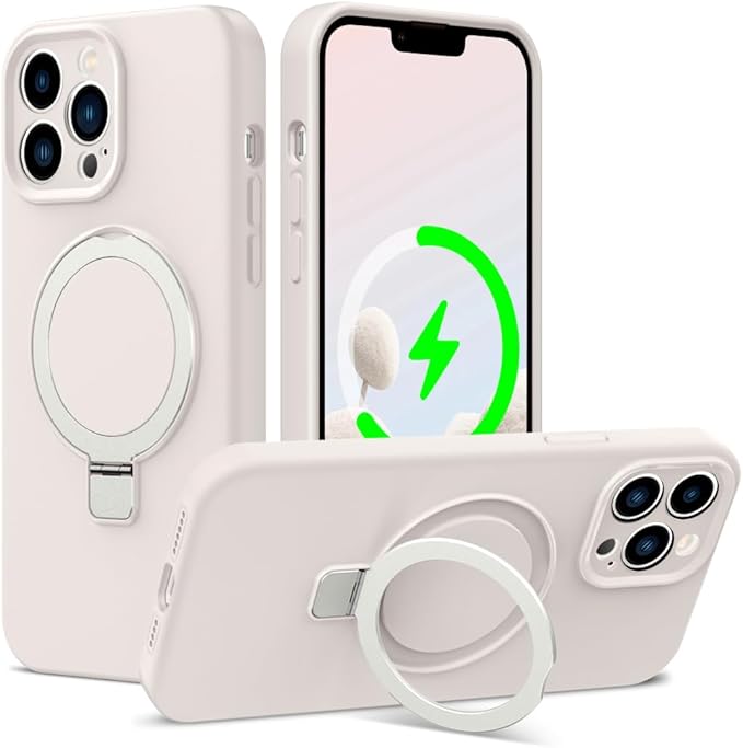 ZHK Liquid Silicone Designed for iPhone 13 pro Case with Magnet Stand, [Precise Camera Lens Protection][Mil-Grade Drop Shockproof][Soft Anti-Scratch Microfiber Lining] Slim Fit Cover, Beige
