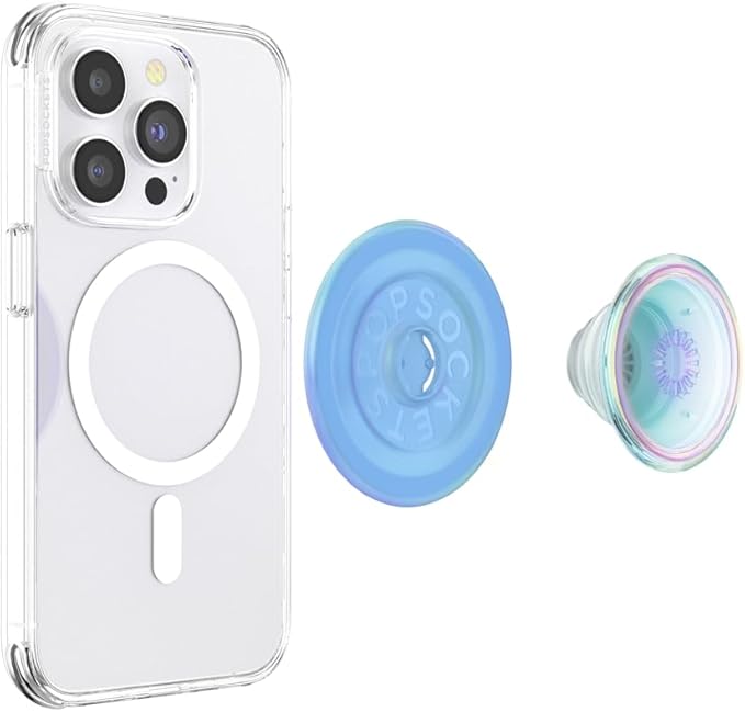 PopSockets Phone Grip for MagSafe with Kickstand, Magnetic Stand, Swappable Top, Secure Hold for iPhone MagSafe Cases, Phone & Tablet Grip - Blue Opalescent Translucent