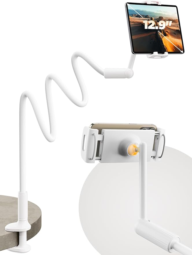 SAIJI Gooseneck Tablet Holder for Bed, One-Hand Adjustable, 47" Length, Upgraded Base, iPad Holder Stand Flexible Lazy Arm, Compatible with iPad/iPhone/Kindle/Switch or Other 4.7-13" Device (White)