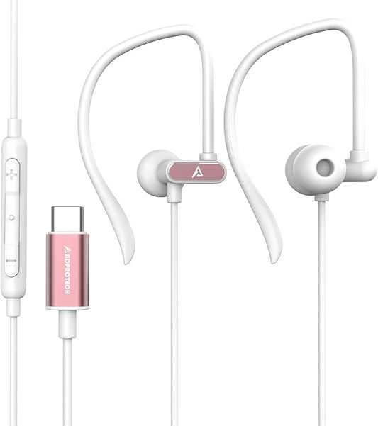 USB C Headphones with Microphone Wired USB C Earphones for Sports and Running Type C Earbuds Hooks Volume Control, Compatible with iPhone 16/15, Samsung, Google and Other Type C Phone, Rose Gold