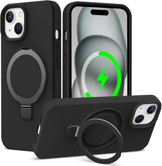 ZHK Liquid Silicone Designed for iPhone 15 Case with Magnet Stand, [Mil-Grade Drop Shockproof][Soft Anti-Scratch Microfiber Lining] Slim Fit Cover, Black