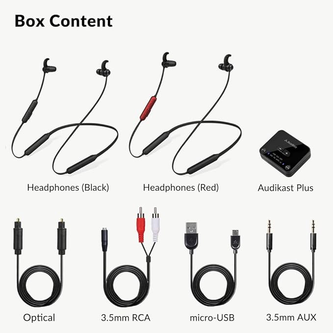 Avantree HT41866 - Wireless Earbuds for TV Listening (Set of 2), 20H Neckband Headphones with Bluetooth Transmitter for Optical Digital Audio, RCA, 3.5mm Aux Ported TVs, Plug & Play, No Audio Delay