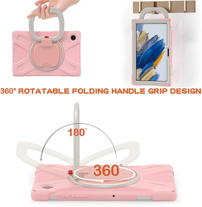 360 Rotation Case for Samsung Galaxy Tab A8 10.5" Sturdy Cover Rotate Ring Stand Shoulder Carrying Strap Hand Strap Rugged Children Adults Outdoor Case, Pink