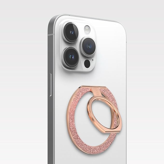 PureGear Magnetic Phone Grip Ring Stand, Magnetic Phone Ring Holder for MagSafe iPhone 16, 16Pro, 16Plus, 16ProMax, 15, 15Plus, 14, 14ProMax, 13,12, Adjustable Kickstand(Chrome Rose Gold Pink Glitter)
