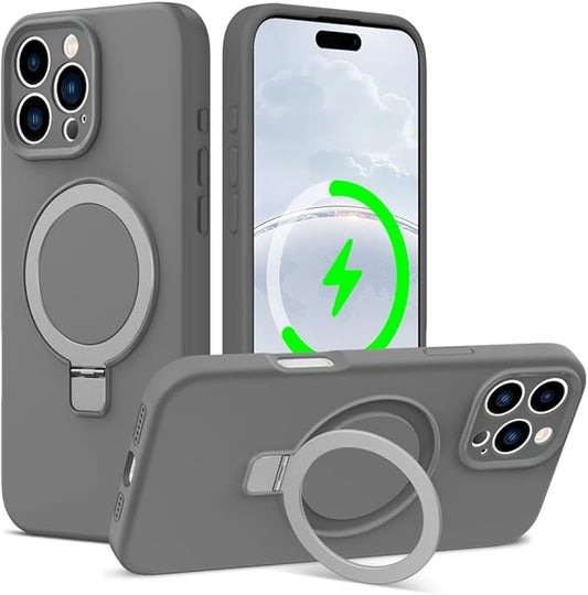 ZHK Liquid Silicone Designed for iPhone 16 pro max Case with Magnet Stand, [Precise Camera Lens Protection][Mil-Grade Drop Shockproof][Soft Anti-Scratch Microfiber Lining] Slim Fit Cover, Grey