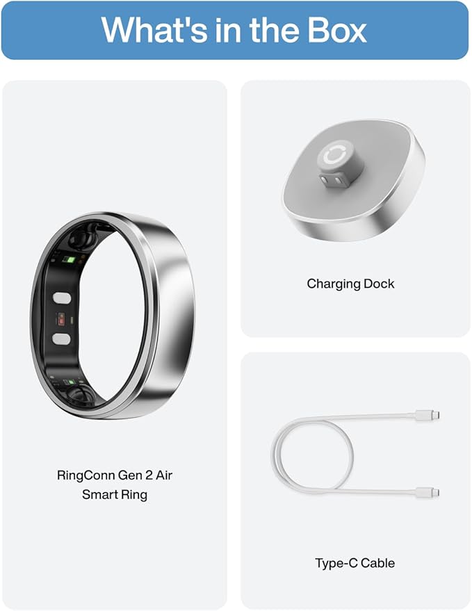 RingConn Gen 2 Air, Ultra-Thin AI Smart Ring, 10-Day Battery Life, Fitness/Sleep/Stress/HR Tracker for Women&Men, No App Fee for Standard Features, iOS & Android Compatible (Size 10, Galaxy Sliver)