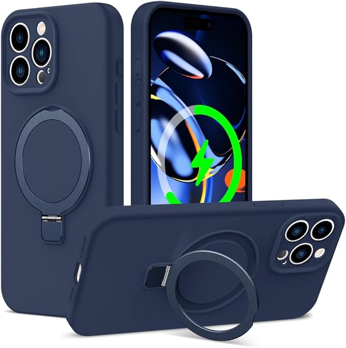 ZHK Liquid Silicone Designed for iPhone 15 pro Case with Magnet Stand, [Precise Camera Lens Protection][Mil-Grade Drop Shockproof][Soft Anti-Scratch Microfiber Lining] Slim Fit Cover, Navy Blue
