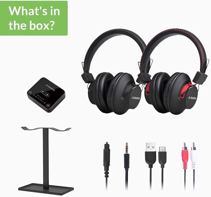 Avantree HT41899 - Dual Bluetooth Wireless Headphones for TV Watching, Compatible with TVs (Optical/AUX), 40Hrs Playtime, Individual Volume Control, Includes Transmitter & Stand