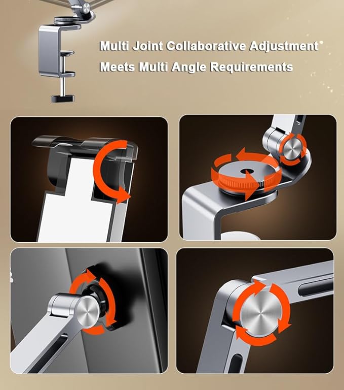 Rotatable Holder Stand Tablet Holder Multi-Angle Design Phone Clip Swivel Mount Desktop Aluminum Alloy Cantilever Bed Desk Home Live Folding Bracket Compatible with 4"-13" Phone Tablet (Silver)