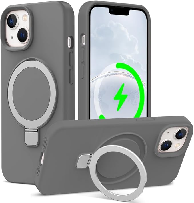 ZHK Liquid Silicone Designed for iPhone 13/14 Case with Magnet Stand, [Mil-Grade Drop Shockproof][Soft Anti-Scratch Microfiber Lining] Slim Fit Cover, Grey
