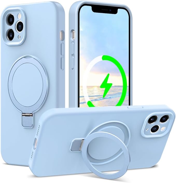 ZHK Liquid Silicone Designed for iPhone 12 pro Case with Magnet Stand, [Precise Camera Lens Protection][Mil-Grade Drop Shockproof][Soft Anti-Scratch Microfiber Lining] Slim Fit Cover,Baby Blue