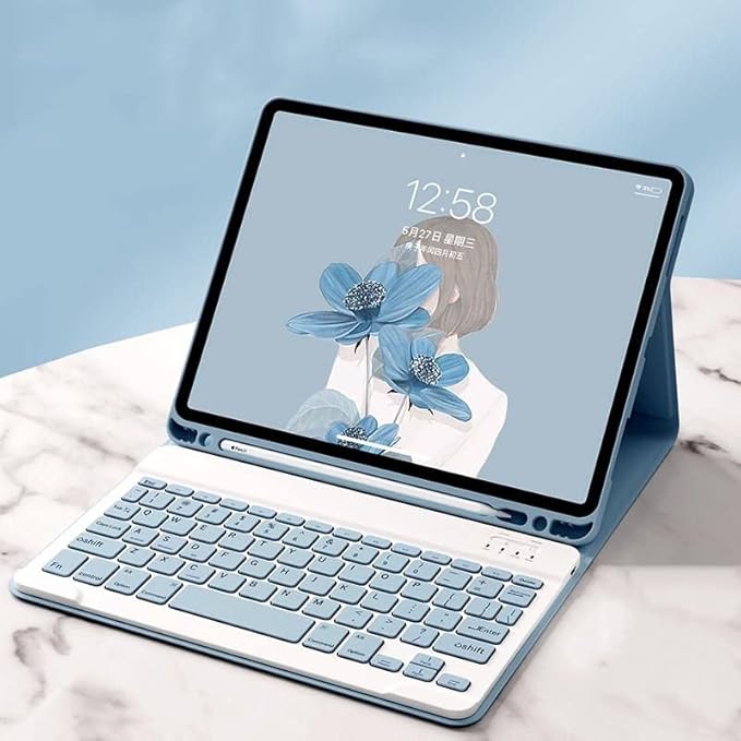 Color Keyboard for Galaxy Tab S9 FE+ / Tab S10+ / Tab S9+ /Tab S8+/S7+/S7 FE 12.4 inch Keyboard Case Cute Detachable Removable Wireless Bluetooth Keyboard,Mist Blue