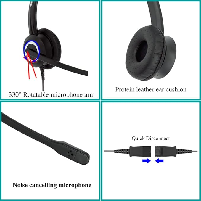 Office Phone Headset HD Voice for Aastra Allworx AltiGen Digium IPitomy Telephones, RJ9 & 3.5mm Adapter Cable (Binaural)