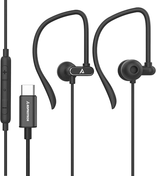 USB C Headphones with Microphone Wired USB C Earphones for Sports and Running Type C Earbuds Hooks Volume Control, Compatible with iPhone 16/15, Samsung, Google and Other Type C Smart Phone, Black