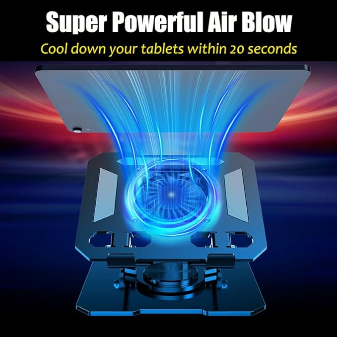 360° Rotating Tablet Desk Stand Holder with USB Cooler，Carbon Steel Frame Dual Rod Mount Support for iPad Pro 13 12 11 Air Mini 5 4 3 Samsung Tab E-Reader (Black with Built-in Cooler)