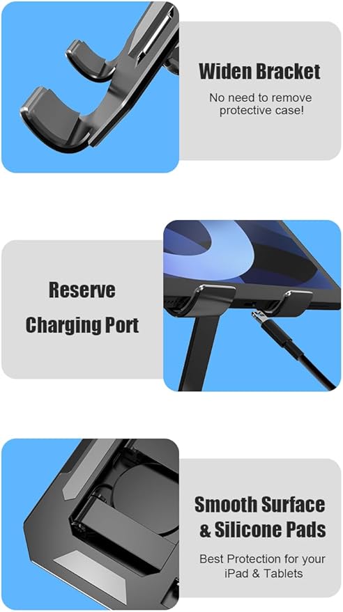 Dual 360° Rotating Tablet Stand Holder for Desk with Carbon Steel Base, Table Tablet Support with Dual Rod Adjustable Compatible for iPad Pro 13 12 11 Air Mini 5 4 3 (Silver)