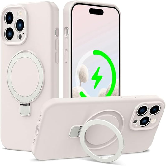 ZHK Liquid Silicone Designed for iPhone 14 pro Case with Magnet Stand, [Precise Camera Lens Protection][Mil-Grade Drop Shockproof][Soft Anti-Scratch Microfiber Lining] Slim Fit Cover, Beige