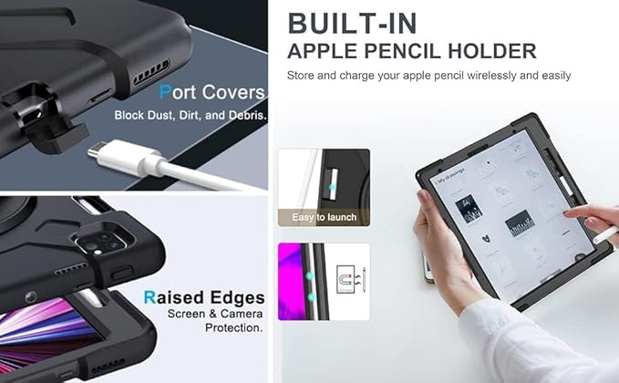 DreamerX for iPad Air 13 Inch (2025/2024) M3/M2 iPad Pro 12.9 6th 5th 4th 3rd Gen Case with 360° Rotating Stand Hand Strap Shoulder Strap, Heavy Duty Rugged Kids Cover for iPad Air 13 Pro 12.9", Black