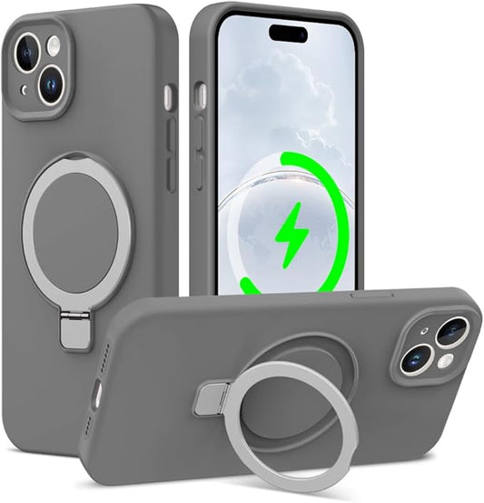 ZHK Liquid Silicone Designed for iPhone 15 Plus Case with Magnet Stand, [Precise Camera Lens Protection][Mil-Grade Drop Shockproof][Soft Anti-Scratch Microfiber Lining] Slim Fit Cover, Grey