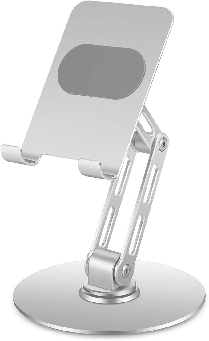 Foldable Swivel Phone Stand for Desk with Adjustable Height up to 6.7inch/17cm Sturdy 360° Rotating Desktop Holder for 4-12.9 Inch Cell Phones/Tablets, Aluminum Alloy/Carbon Steel Base