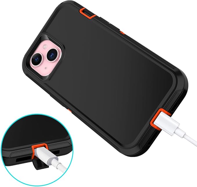 for iPhone 15 Case Shockproof Dust/Drop Proof 3-Layer Full Body Protection [Without Screen Protector] Rugged Heavy Duty Cover Case for Apple iPhone 15 6.1" 2023,Black/Orange