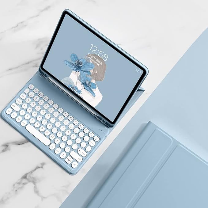 HENGHUI Keyboard Case for Galaxy Tab S9 FE+ / Tab S10+ / Tab S9+ / Tab S8+ /S7+/S7 FE 12.4 inch Detachable Magnetic Color Keyboard Cover Cute Round Key,MistyBlue