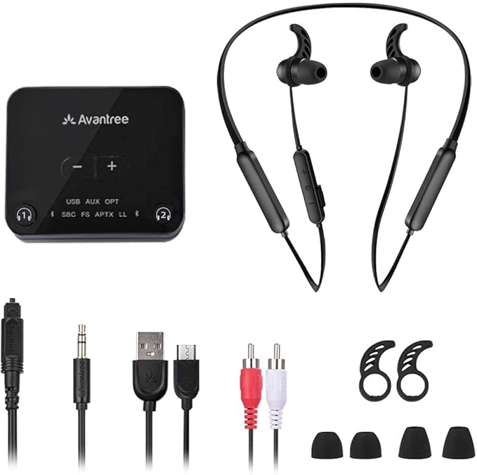 Avantree HT4186 - Wireless Earbuds for TV Watching, Bluetooth Neckband Listening Headphones with Transmitter for Seniors & Hard of Hearing, Support Optical, RCA, 3.5mm AUX Audio Ported TVs, No Delay