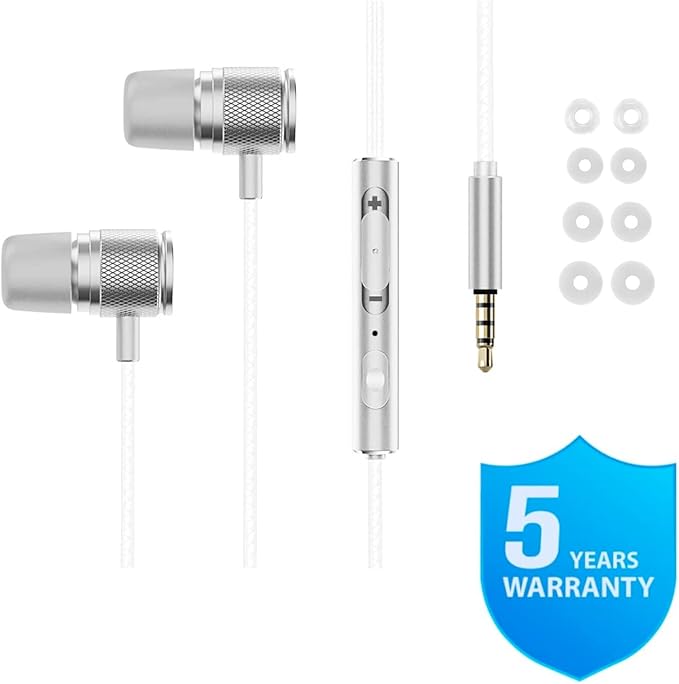 LUDOS Ultra Wired Earbuds in-Ear Headphones, 5 Years Warranty, Earphones with Microphone, Noise Isolating Ear Buds, Memory Foam for iPhone, Samsung, School Students, Kids, Women, Small Ears - White