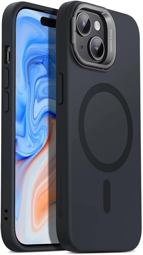ESR for iPhone 15 Case, MagSafe Silicone Case with Stand, Military-Grade Protection, Built-in Camera Stash Stand, Magnetic Phone Case for iPhone 15, Cloud Series, Black