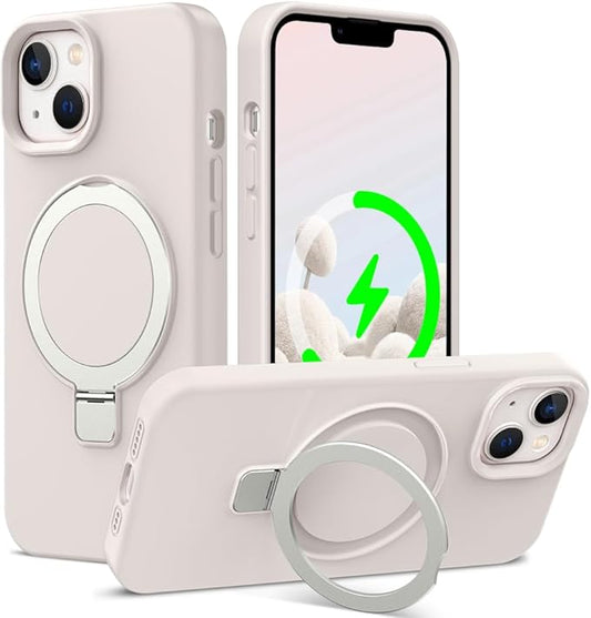 ZHK Liquid Silicone Designed for iPhone 13/14 Case with Magnet Stand, [Mil-Grade Drop Shockproof][Soft Anti-Scratch Microfiber Lining] Slim Fit Cover, Beige