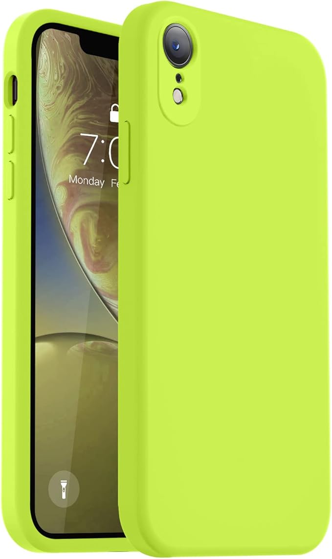 Vooii Compatible with iPhone XR Case, Upgraded Liquid Silicone with [Flat Edges] [Camera Protection] [Soft Anti-Scratch Microfiber Lining] Phone Case for iPhone 10 XR 6.1 inch - Fluorescent Green