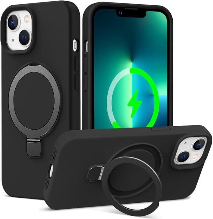 ZHK Liquid Silicone Designed for iPhone 13/14 Case with Magnet Stand, [Mil-Grade Drop Shockproof][Soft Anti-Scratch Microfiber Lining] Slim Fit Cover, Black