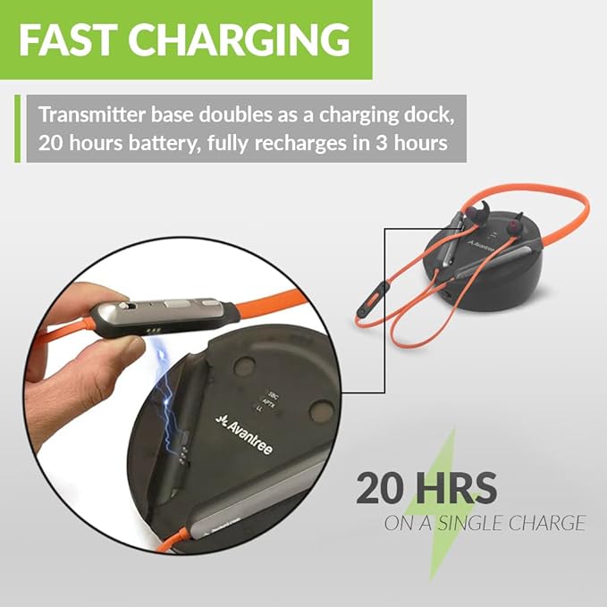 Avantree Medley Clear - Wireless Earbuds for TV Listening & Watching with Transmitter & Charging Dock, Clear Dialogue, Enhanced Volume, Soundbar Passthrough, 20H Bluetooth Neckband Headphones