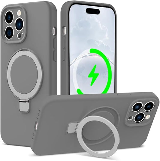 ZHK Liquid Silicone Designed for iPhone 15 pro Case with Magnet Stand, [Precise Camera Lens Protection][Mil-Grade Drop Shockproof][Soft Anti-Scratch Microfiber Lining] Slim Fit Cover, Grey