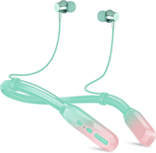 Neckband Bluetooth Headphones, 200H Extra Long Playtime Wireless Stereo Neckband Earbuds with Microphone, Waterproof Balanced Armature Drivers in Ear Headset for Sports/Workout (Pink Green)