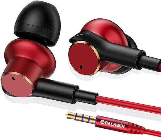 Wired Earbuds Dual-Drive Iron Ring in-Ear Headphones with mic Hi-Res immersive Sound Heavy bass Noise Isolation Earphones bass Boost,High Fidelity 3.5mm Jack Ear Buds Noise-Cancelling (Red)