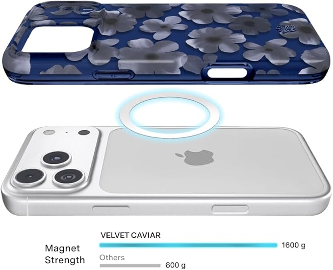 VELVET CAVIAR Case for iPhone 17 Pro | Compatible with MagSafe | 10ft Drop Tested | Protective Designer Cases | Midnight Blossom Blue Flowers