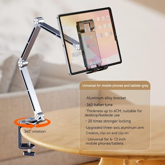 Rotatable Holder Stand Tablet Holder Multi-Angle Design Phone Clip Swivel Mount Desktop Aluminum Alloy Cantilever Bed Desk Home Live Folding Bracket Compatible with 4"-13" Phone Tablet (Gray)