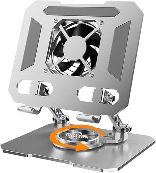 360° Rotating Tablet Desk Stand Holder with USB Cooler，Carbon Steel Frame Dual Rod Mount Support for iPad Pro 13 12 11 Air Mini 5 4 3 Samsung Tab E-Reader (Silver with Built-in Cooler)