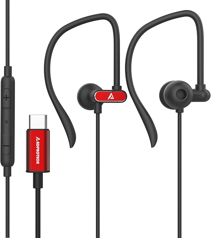 USB C Headphones with Microphone Wired USB C Earphones for Sports and Running Type C Earbuds Hooks Volume Control, Compatible with iPhone 16/15, Samsung, Google and Other Type C Smart Phone, Red